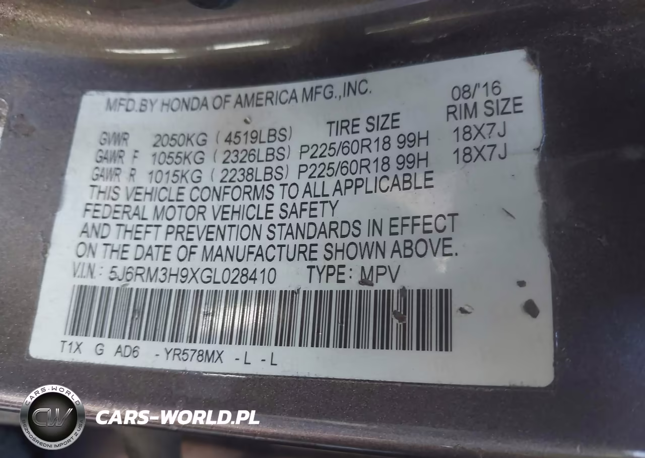 2016 Honda Cr-V Touring VIN:5J6RM3H9XGL028410 - 9