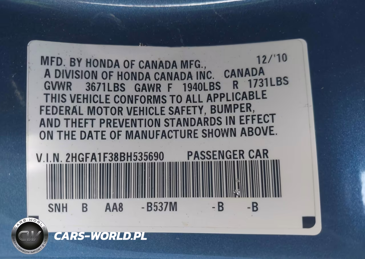 2011 Honda Civic Vp VIN:2HGFA1F38BH535690 - 9