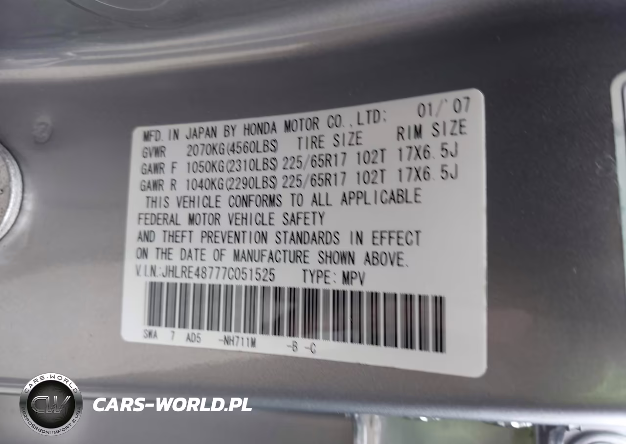 2007 Honda Cr-V Ex-L VIN:JHLRE48777C051525 - 9