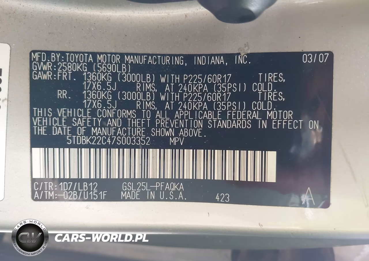 2007 Toyota Sienna Xle Limited VIN:5TDBK22C47S003352 - 9