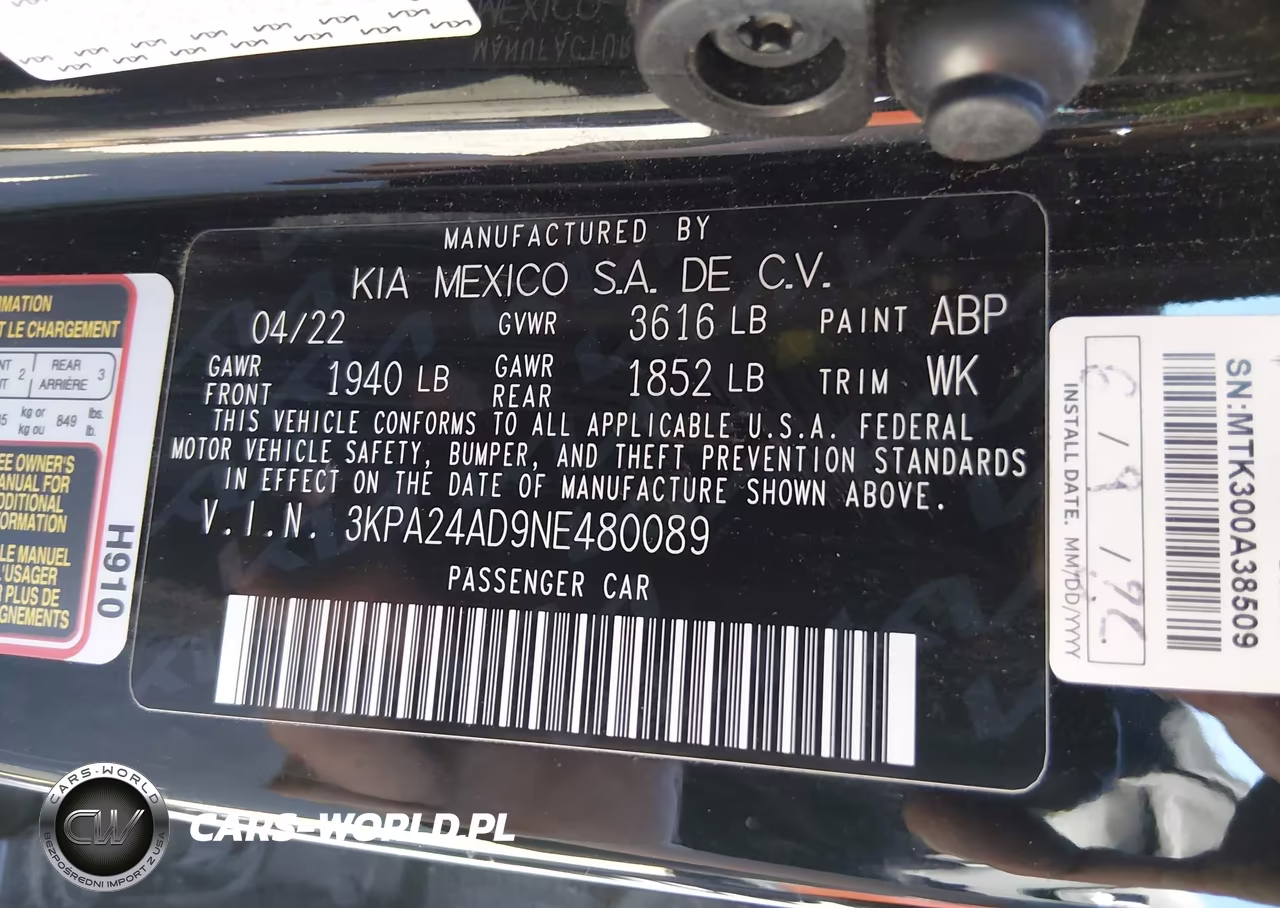 2022 Kia Rio Lx VIN:3KPA24AD9NE480089 - 9