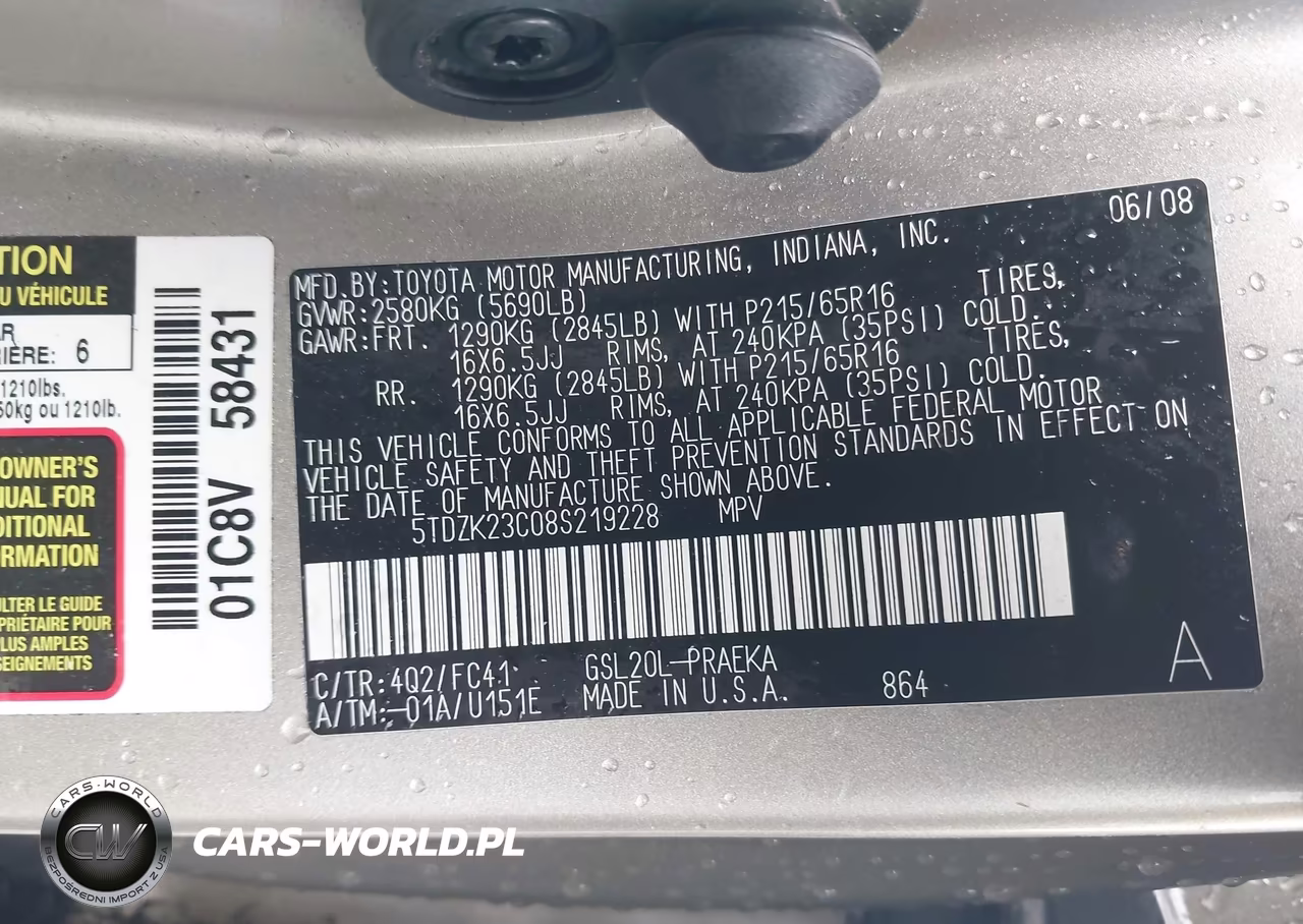 2008 Toyota Sienna Le VIN:5TDZK23C08S219228 - 9
