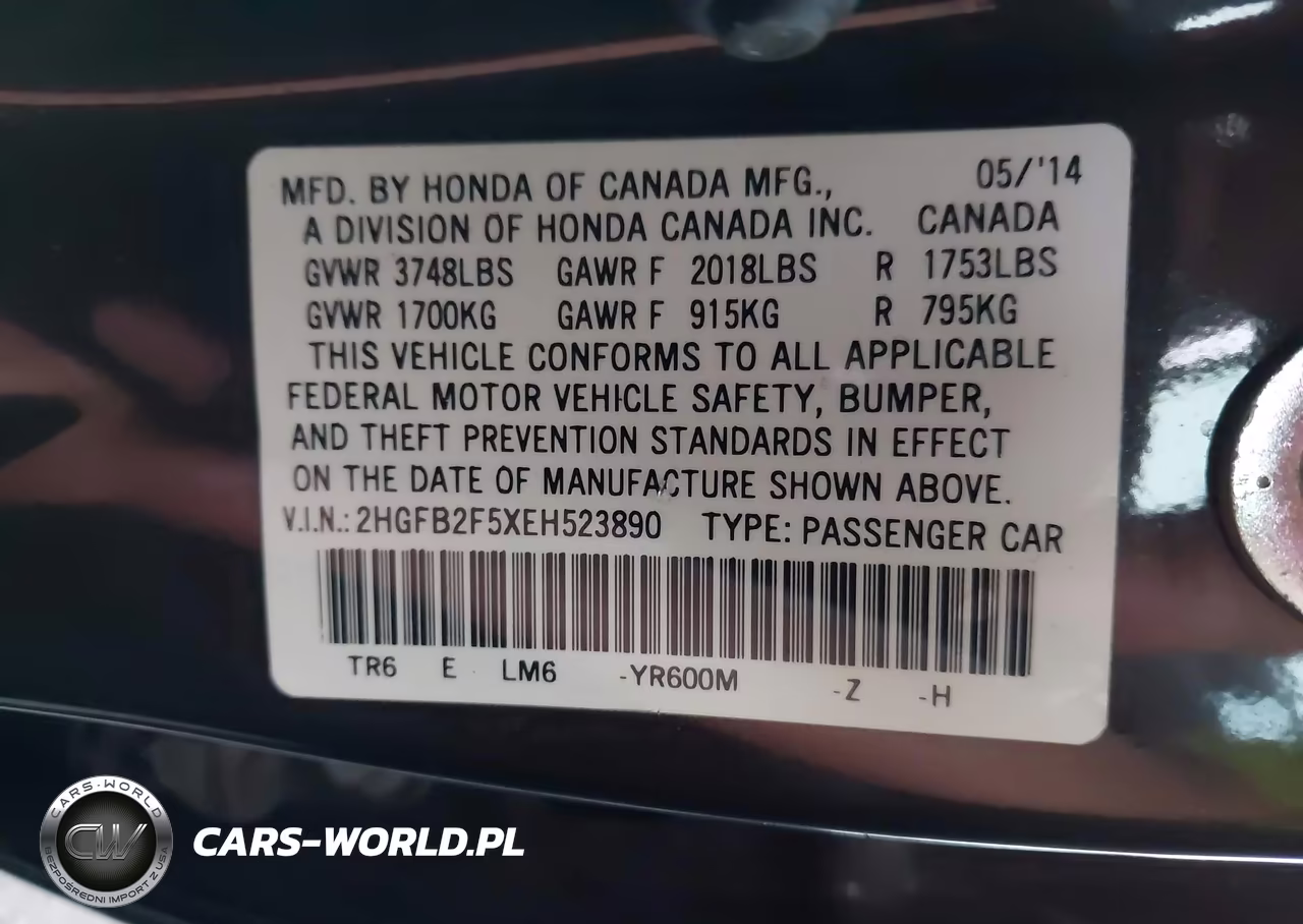 2014 Honda Civic Lx VIN:2HGFB2F5XEH523890 - 9