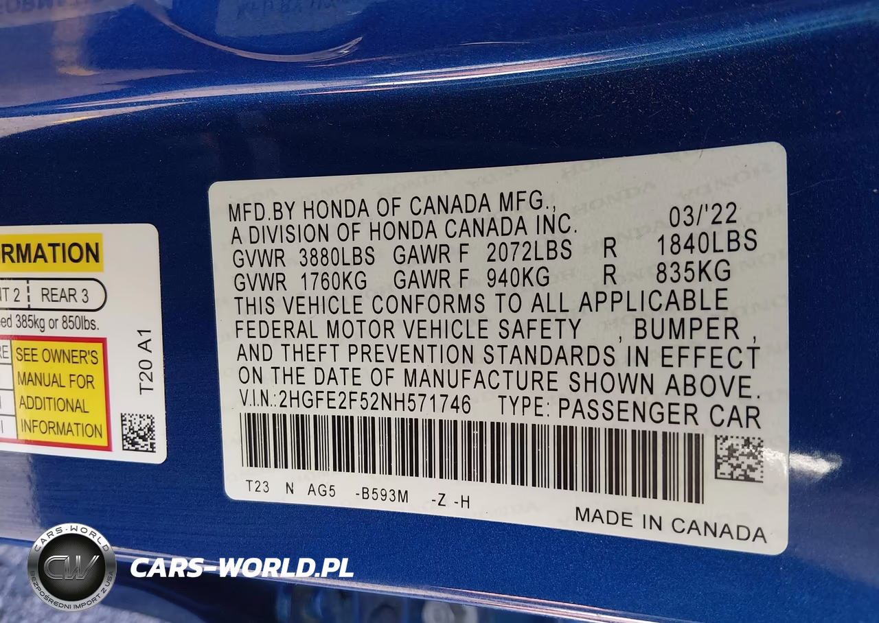 2022 Honda Civic Sport VIN:2HGFE2F52NH571746 - 9