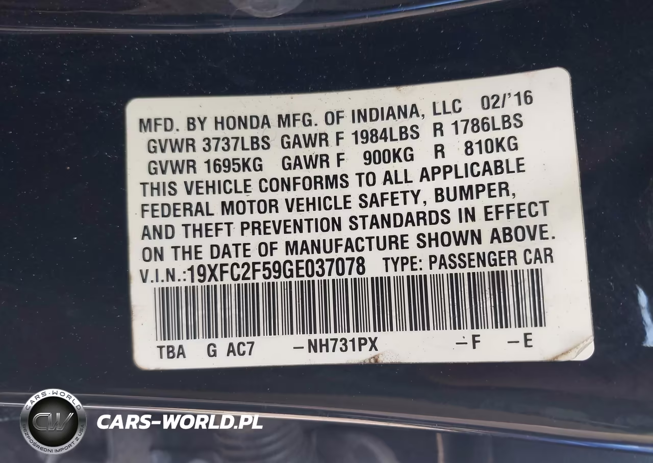 2016 Honda Civic Lx VIN:19XFC2F59GE037078 - 9
