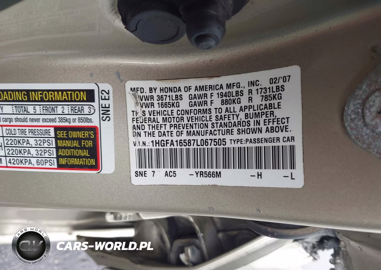 2007 Honda Civic Lx VIN:1HGFA16587L067505 - 9