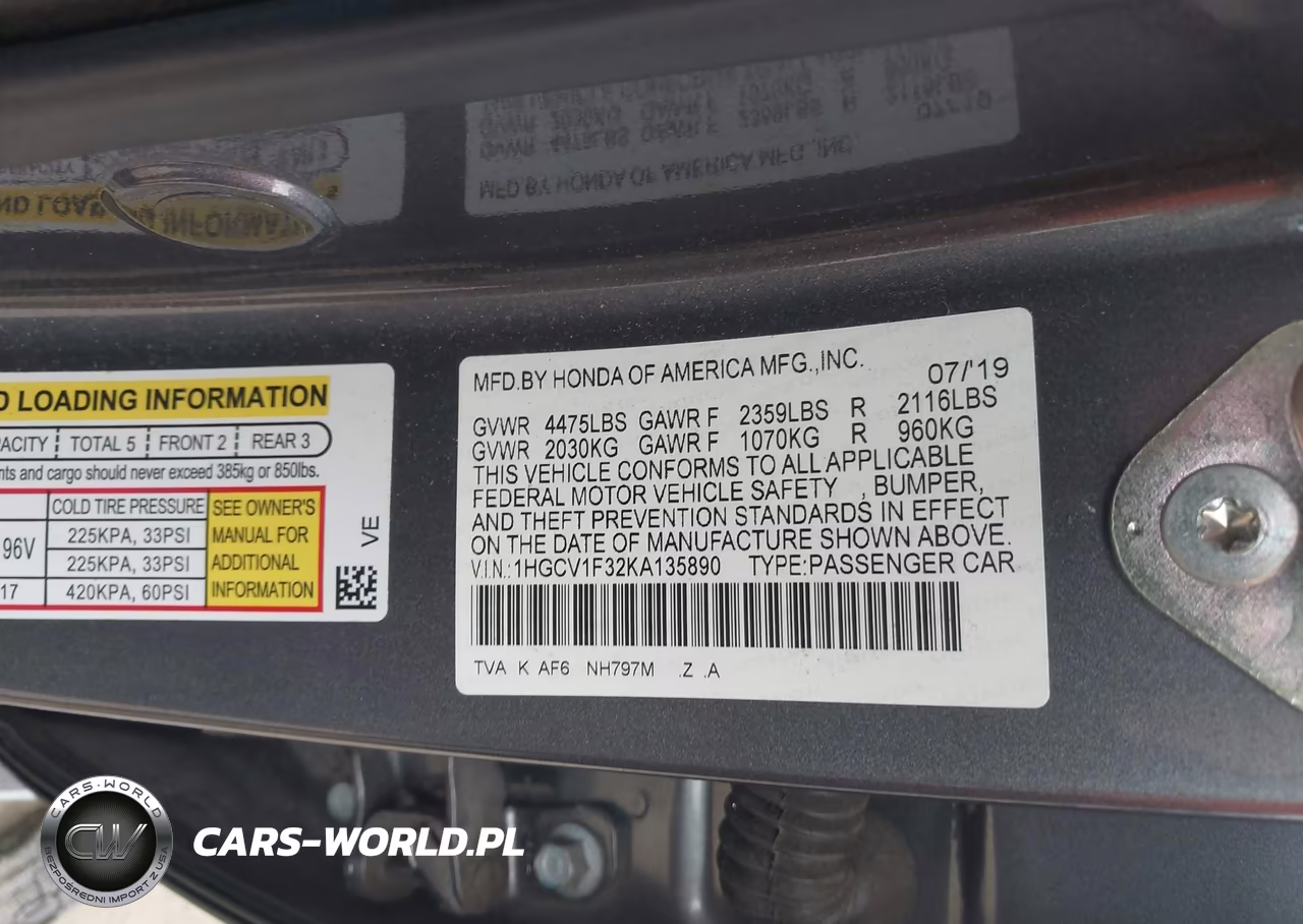 2019 Honda Accord Sport VIN:1HGCV1F32KA135890 - 9