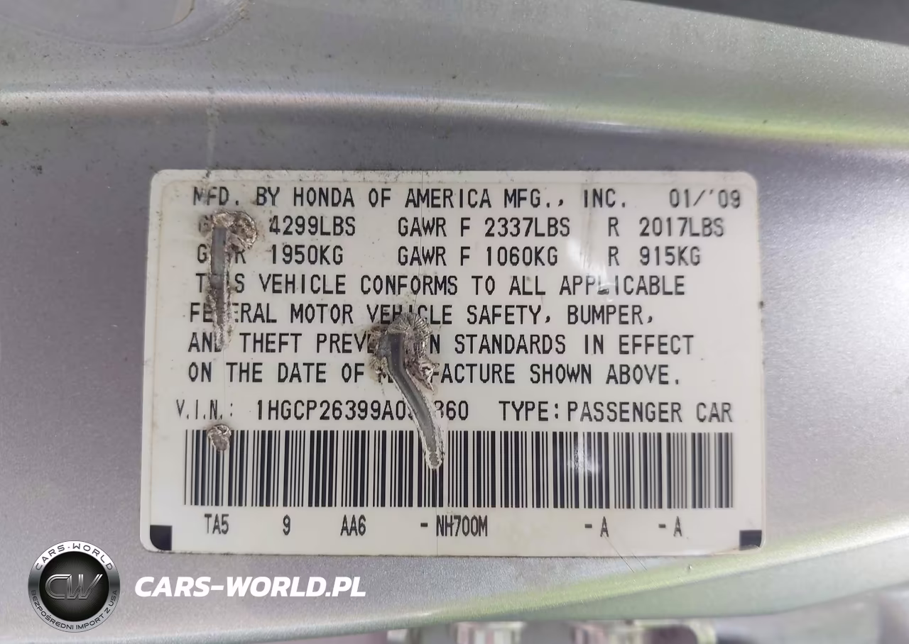 2009 Honda Accord 2.4 Lx VIN:1HGCP26399A093860 - 9