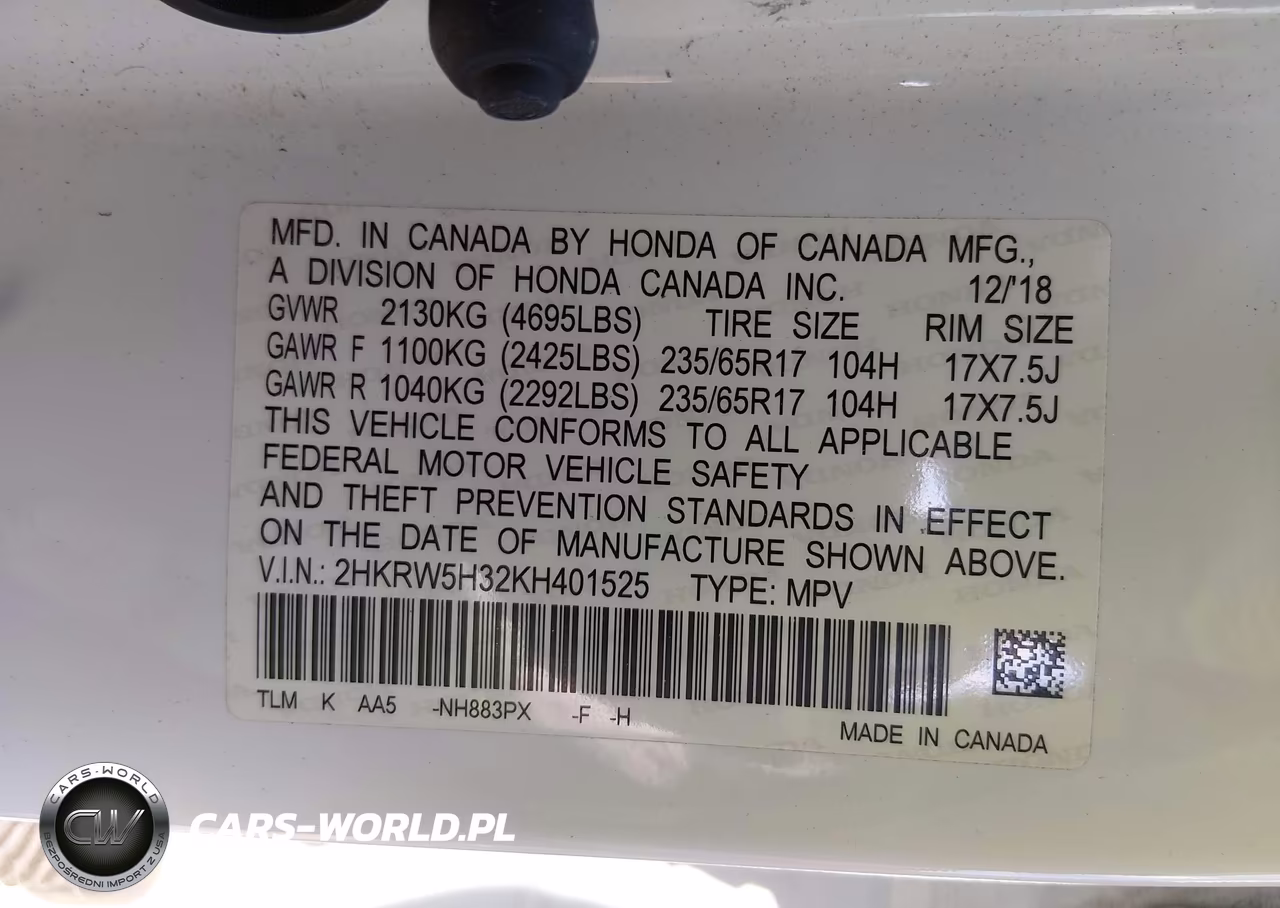 2019 Honda Cr-V Lx VIN:2HKRW5H32KH401525 - 9