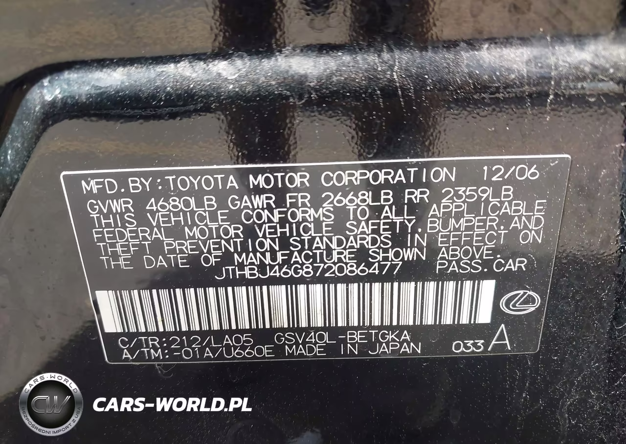 2007 Lexus Es 350 VIN:JTHBJ46G872086477 - 9