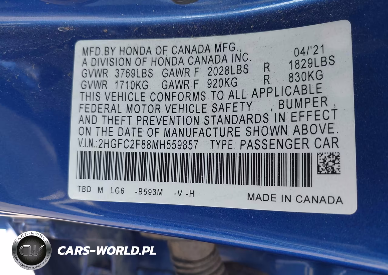 2021 Honda Civic Sport VIN:2HGFC2F88MH559857 - 9
