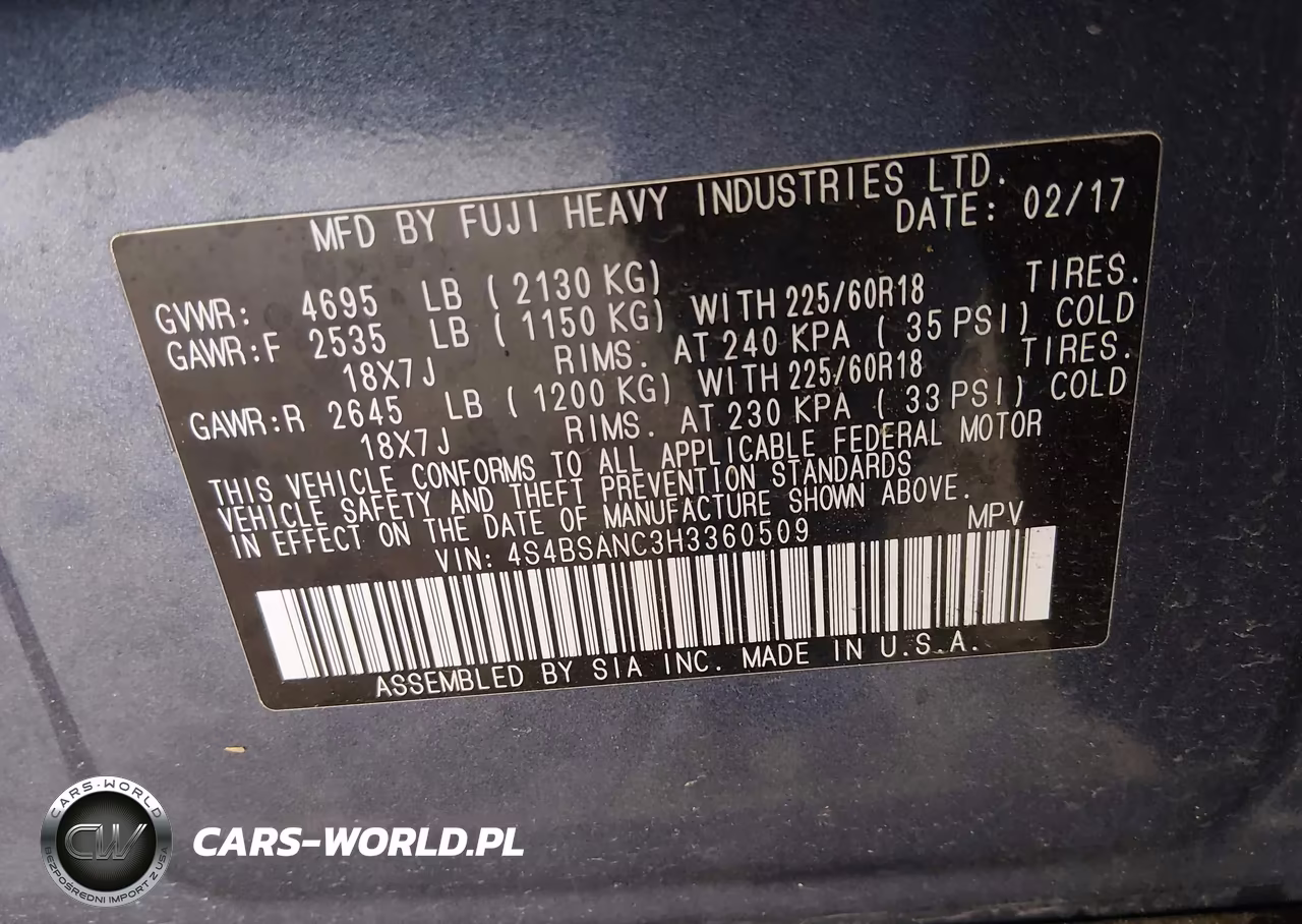 2017 Subaru Outback 2.5I Limited VIN:4S4BSANC3H3360509 - 9
