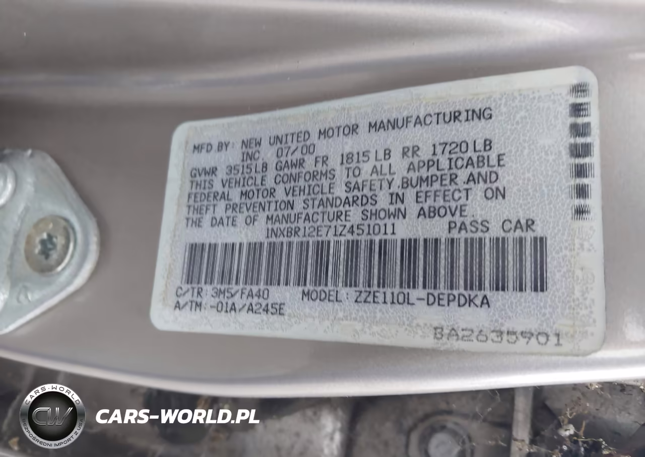 2001 Toyota Corolla Le VIN:1NXBR12E71Z451011 - 9