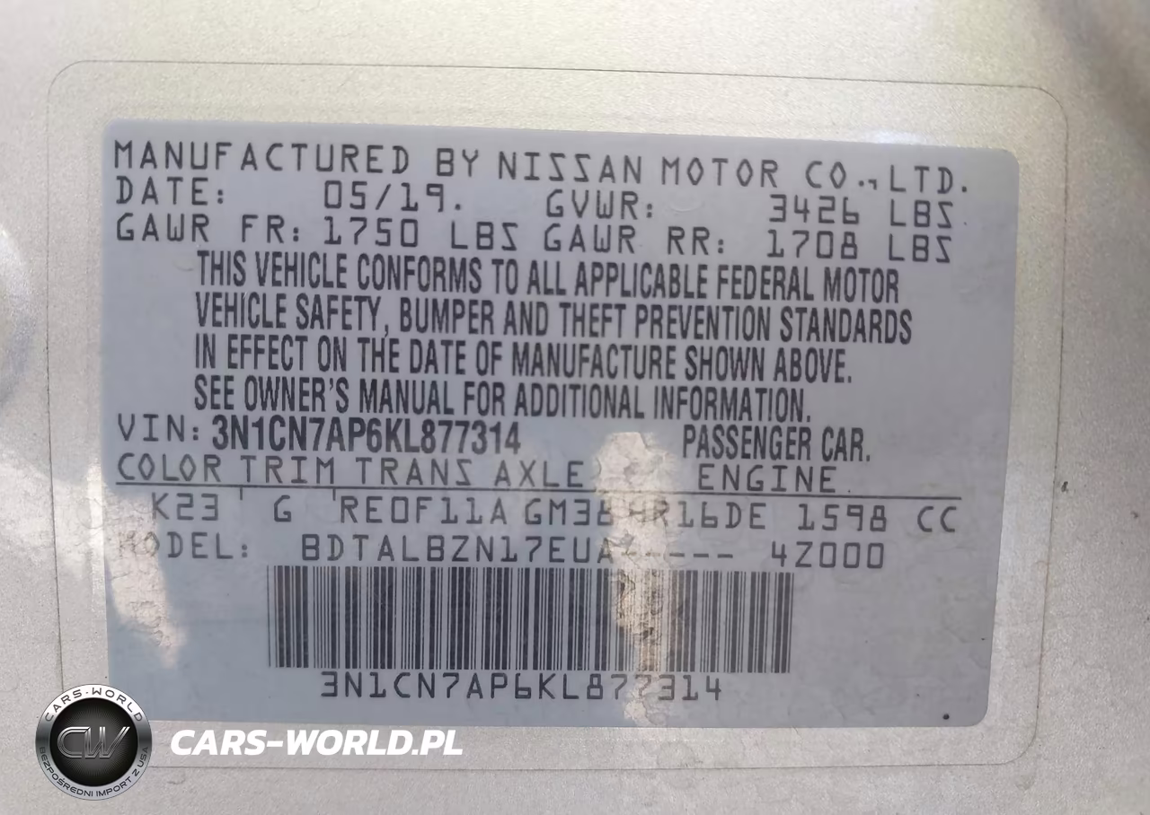2019 Nissan Versa 1.6 Sv VIN:3N1CN7AP6KL877314 - 9