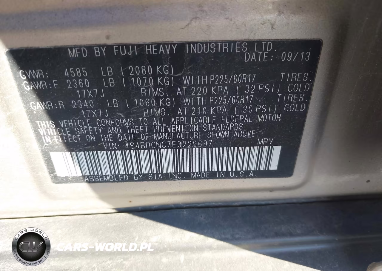 2014 Subaru Outback 2.5I Limited VIN:4S4BRCNC7E3229697 - 9