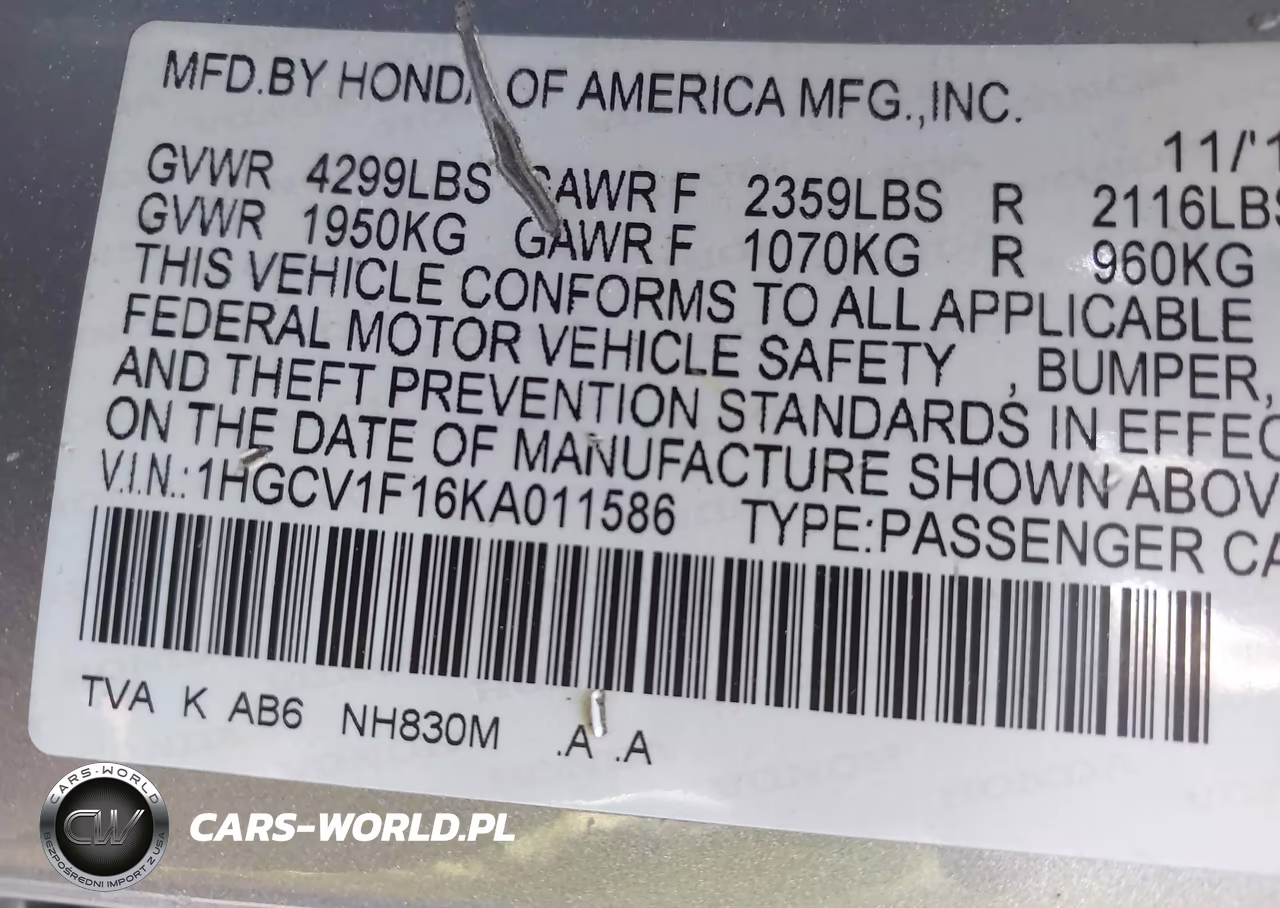 2019 Honda Accord Lx VIN:1HGCV1F16KA011586 - 9