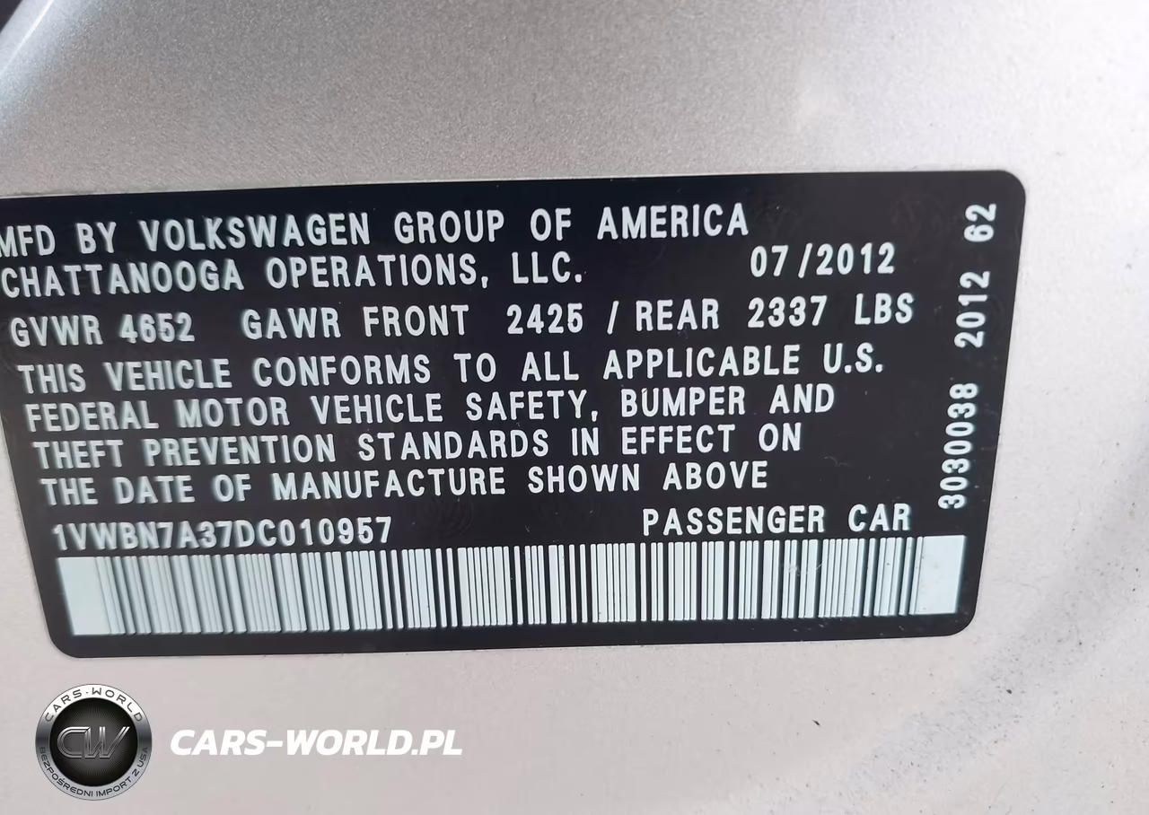 2013 Volkswagen Passat 2.0L Tdi Se VIN:1VWBN7A37DC010957 - 9