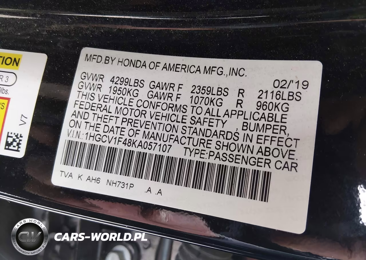 2019 Honda Accord Ex VIN:1HGCV1F48KA057107 - 9