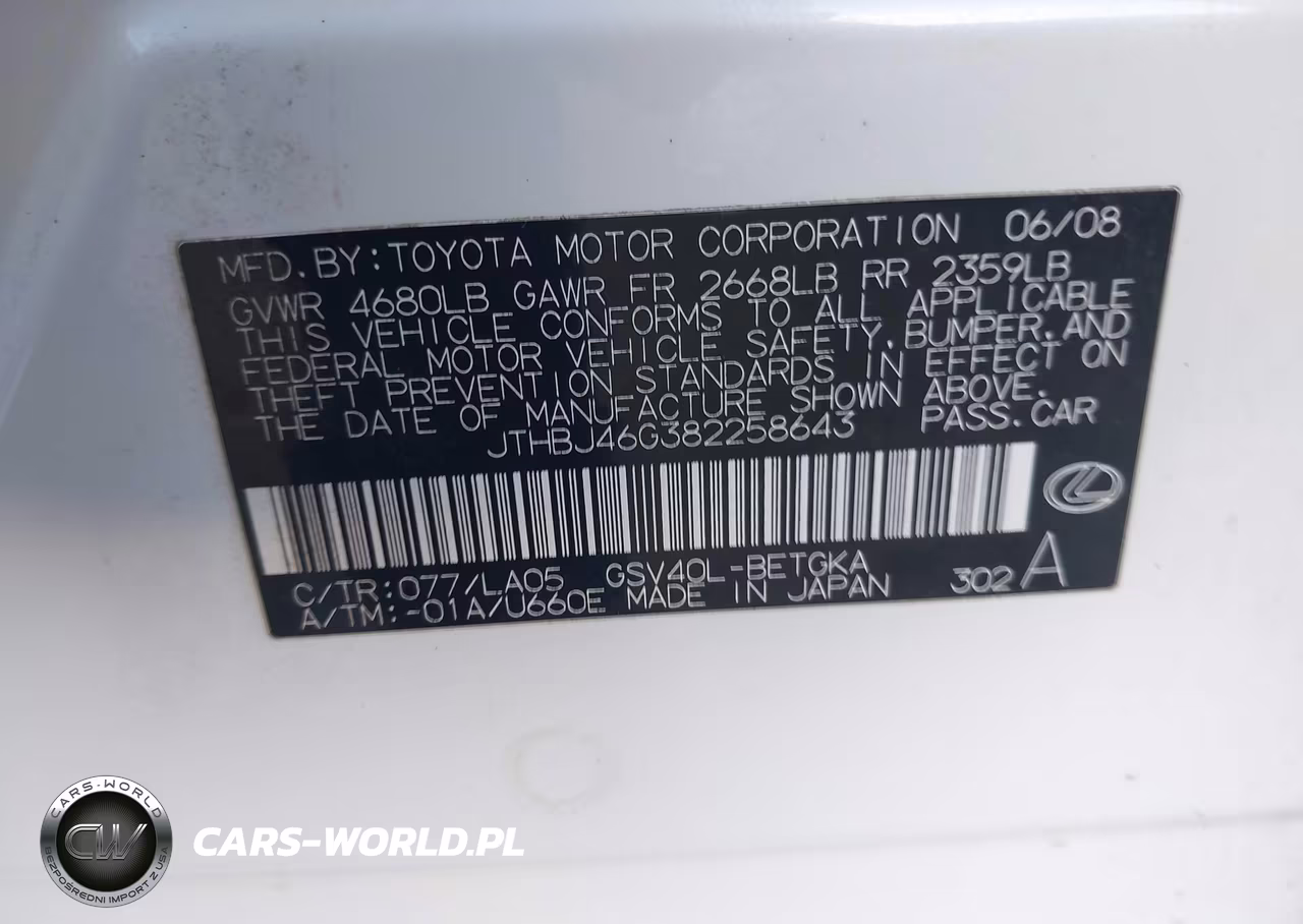 2008 Lexus Es 350 VIN:JTHBJ46G382258643 - 9