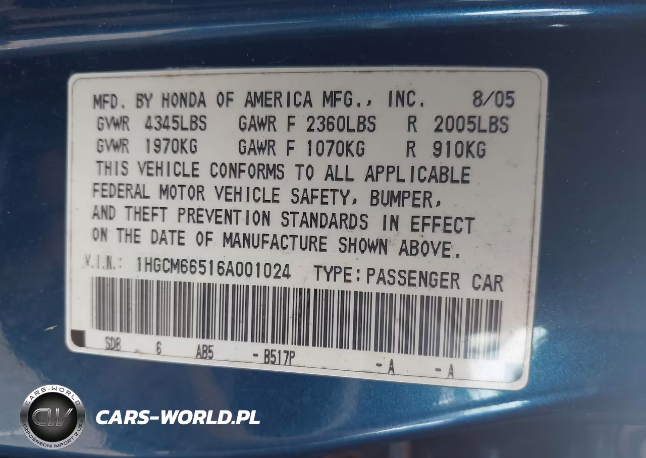 2006 Honda Accord 3.0 Ex VIN:1HGCM66516A001024 - 9