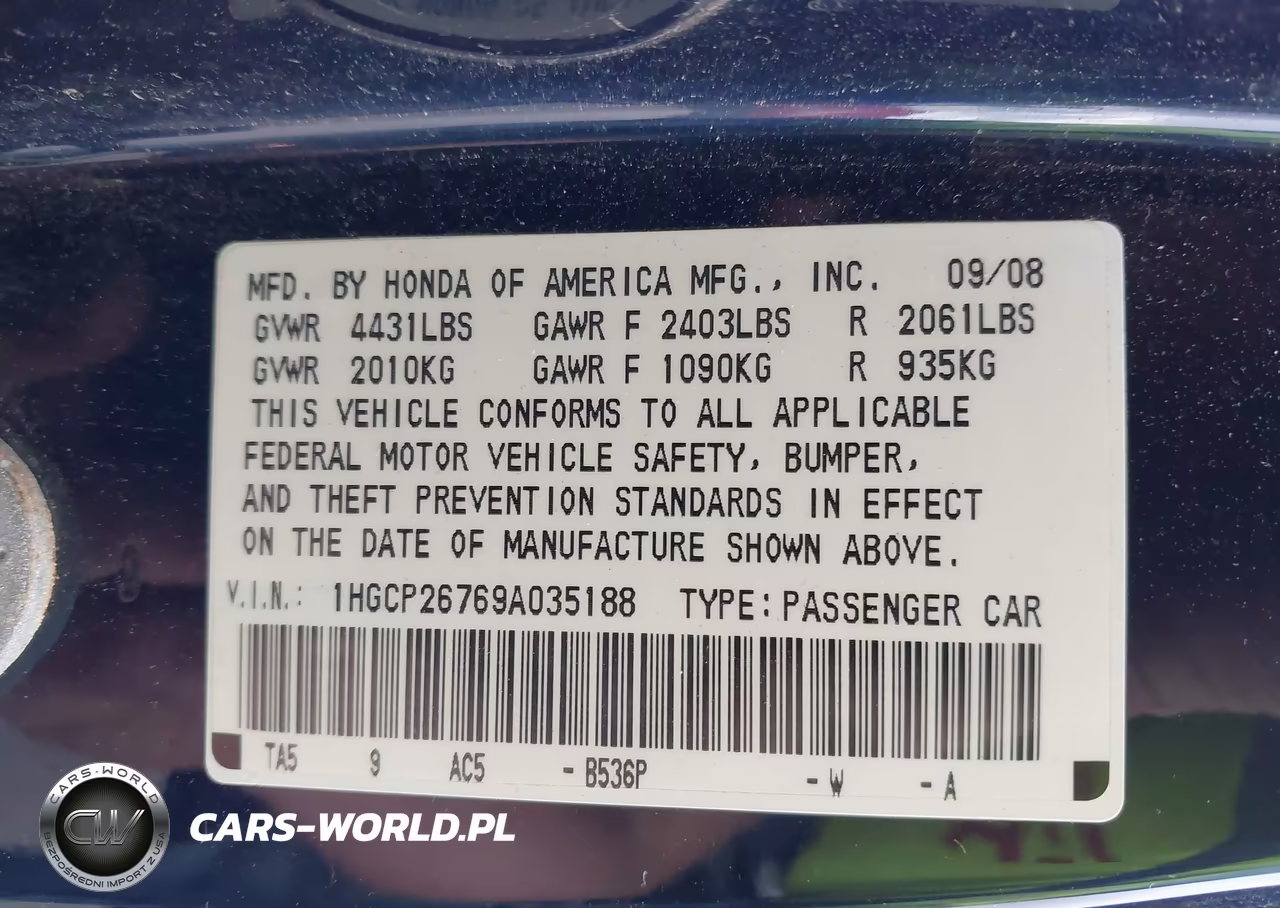 2009 Honda Accord 2.4 Ex VIN:1HGCP26769A035188 - 9