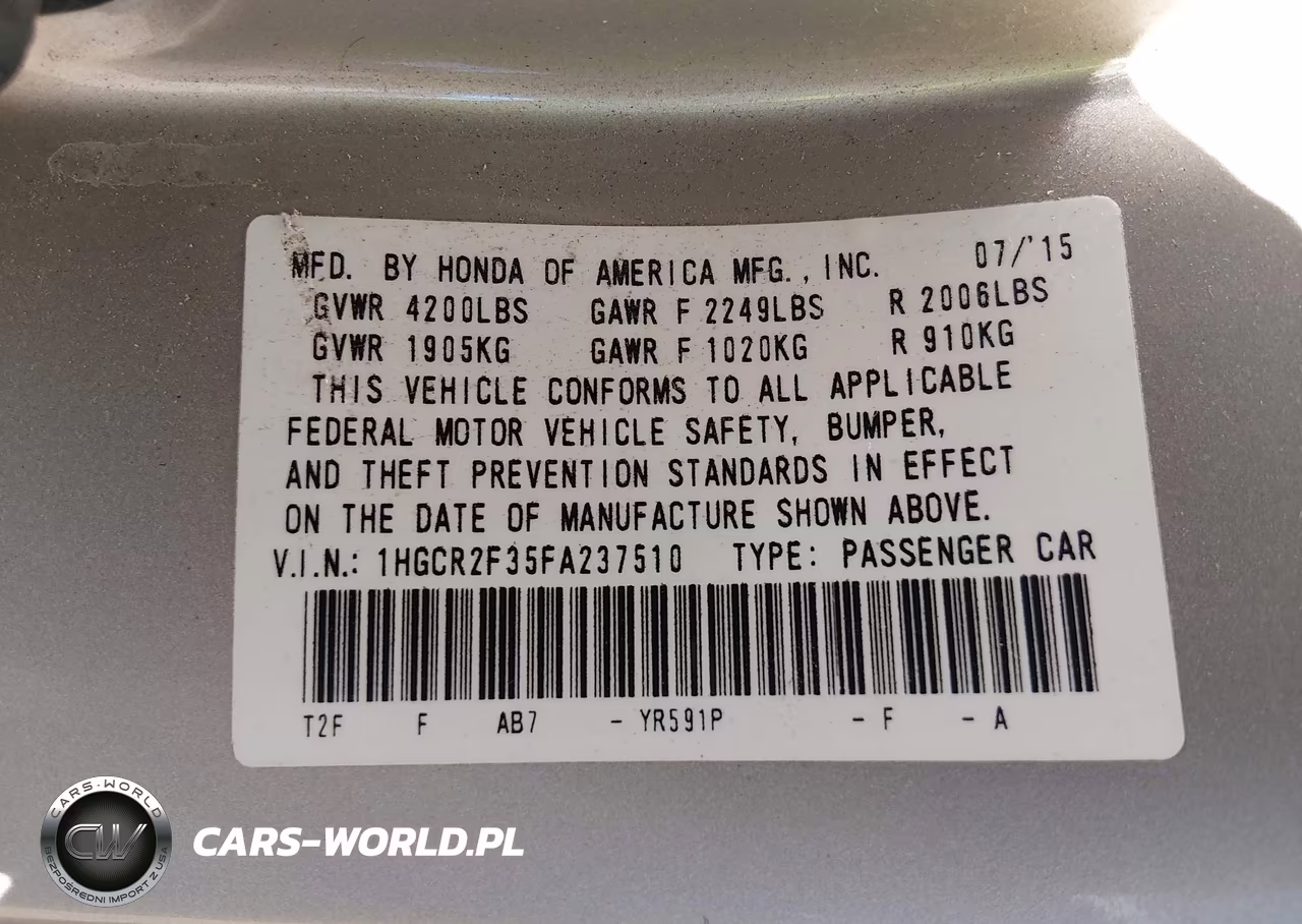 2015 Honda Accord Lx VIN:1HGCR2F35FA237510 - 9