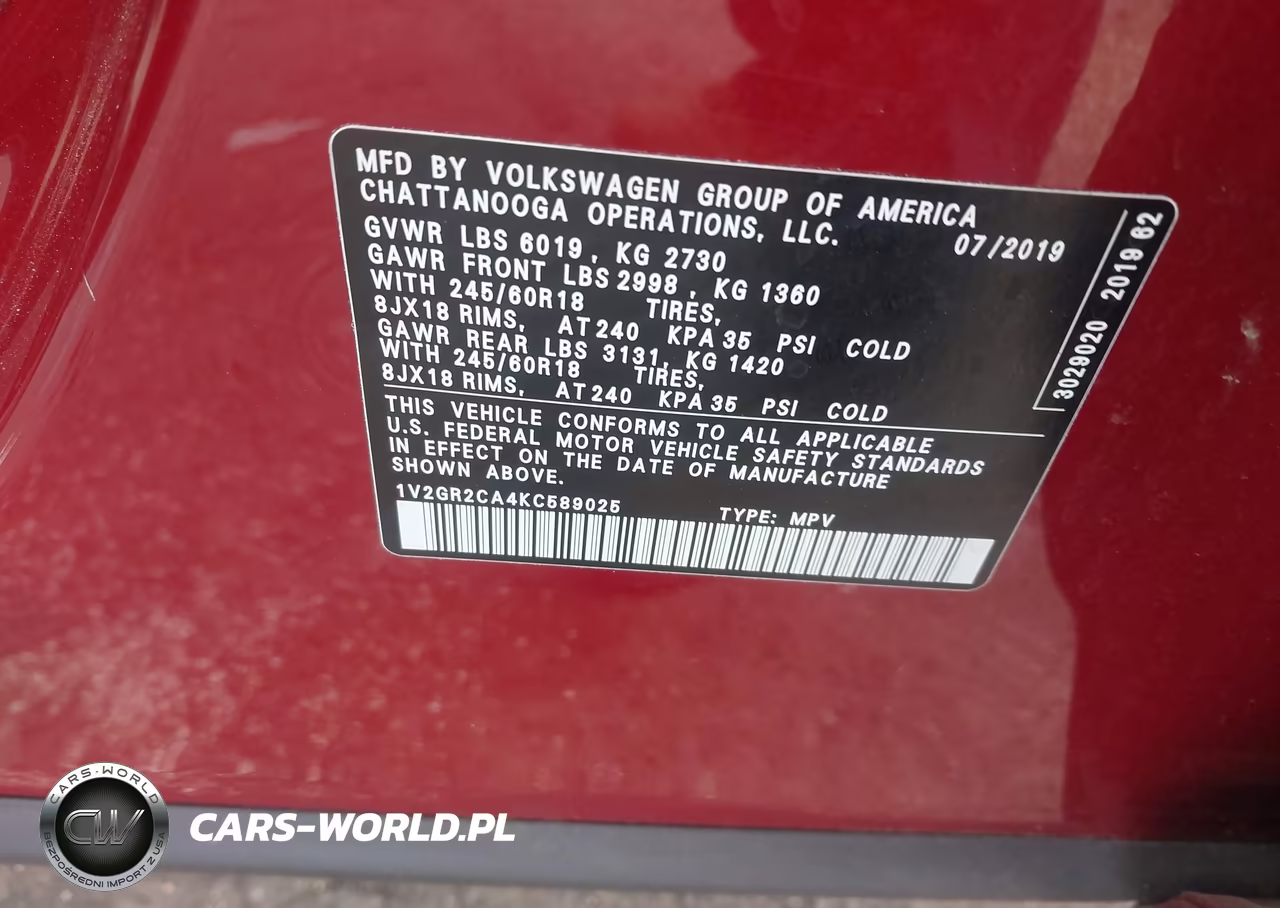 2019 Volkswagen Atlas 3.6L V6 S VIN:1V2GR2CA4KC589025 - 9