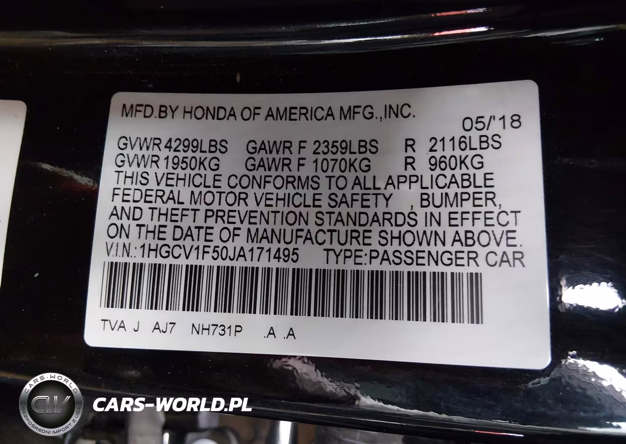 2018 Honda Accord Ex-L VIN:1HGCV1F50JA171495 - 9