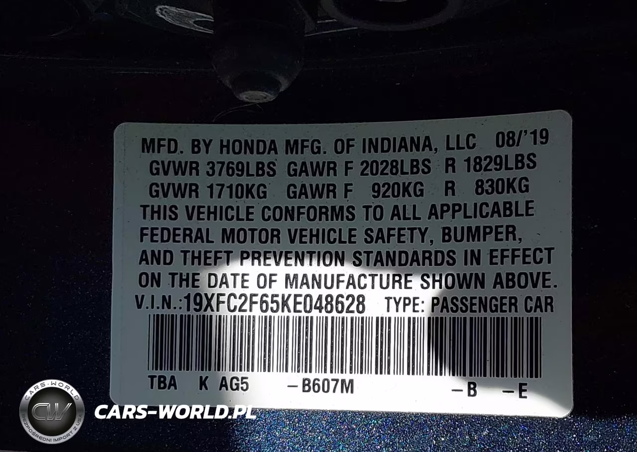 2019 Honda Civic Lx VIN:19XFC2F65KE048628 - 9