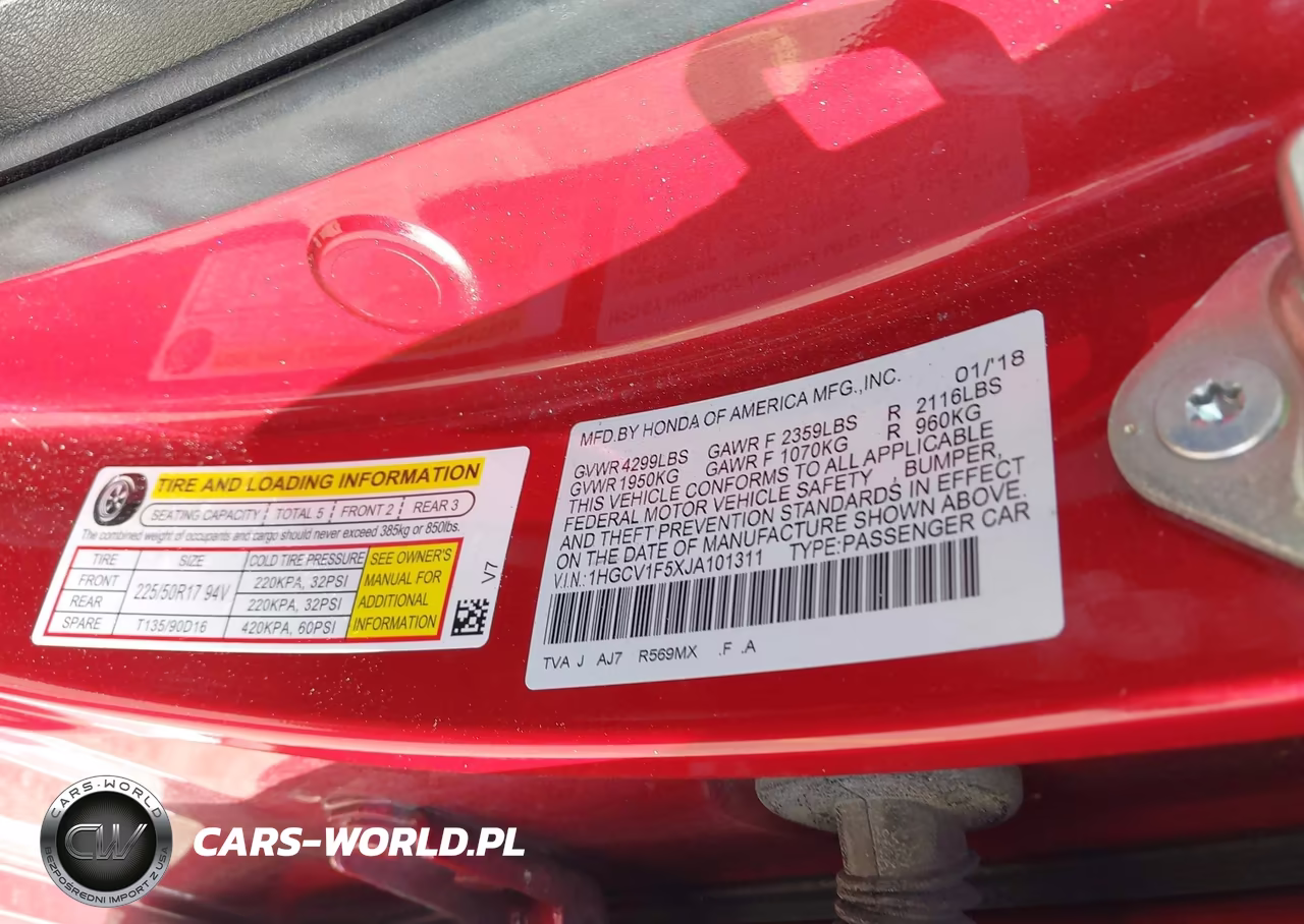 2018 Honda Accord Ex-L VIN:1HGCV1F5XJA101311 - 9