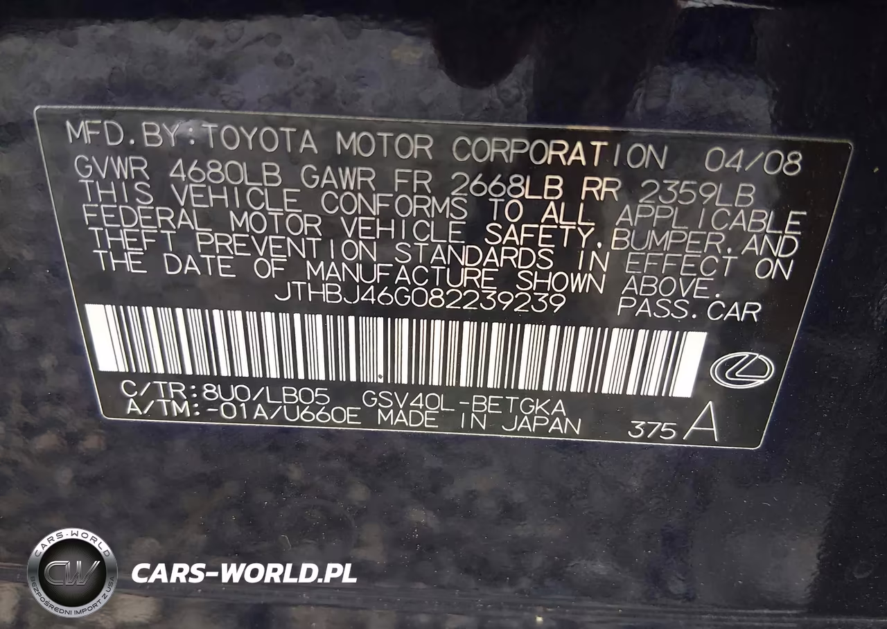 2008 Lexus Es 350 VIN:JTHBJ46G082239239 - 9