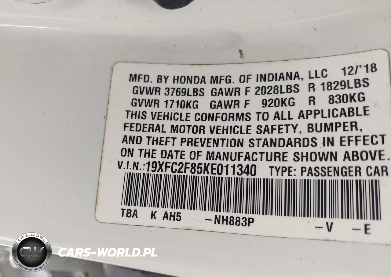2019 Honda Civic Sport VIN:19XFC2F85KE011340 - 9