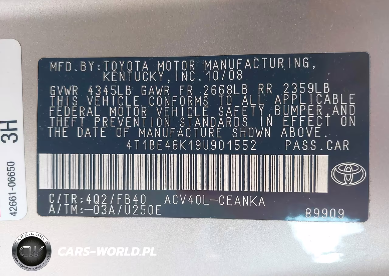 2009 Toyota Camry Le VIN:4T1BE46K19U901552 - 9