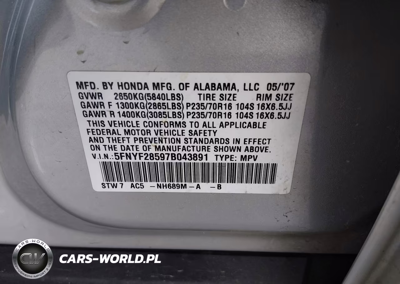 2007 Honda Pilot Ex-L VIN:5FNYF28597B043891 - 9
