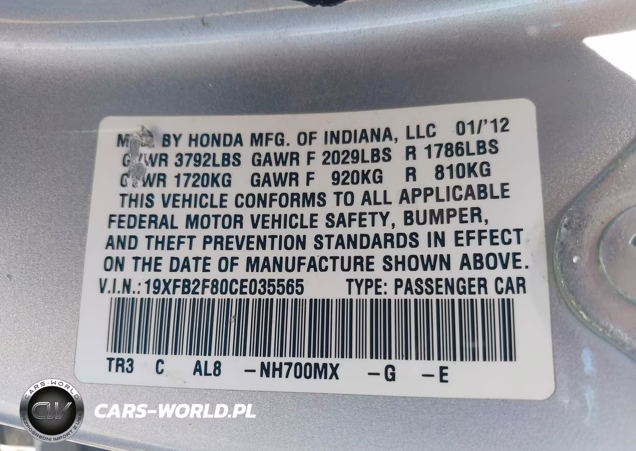 2012 Honda Civic Sdn Ex VIN:19XFB2F80CE035565 - 9
