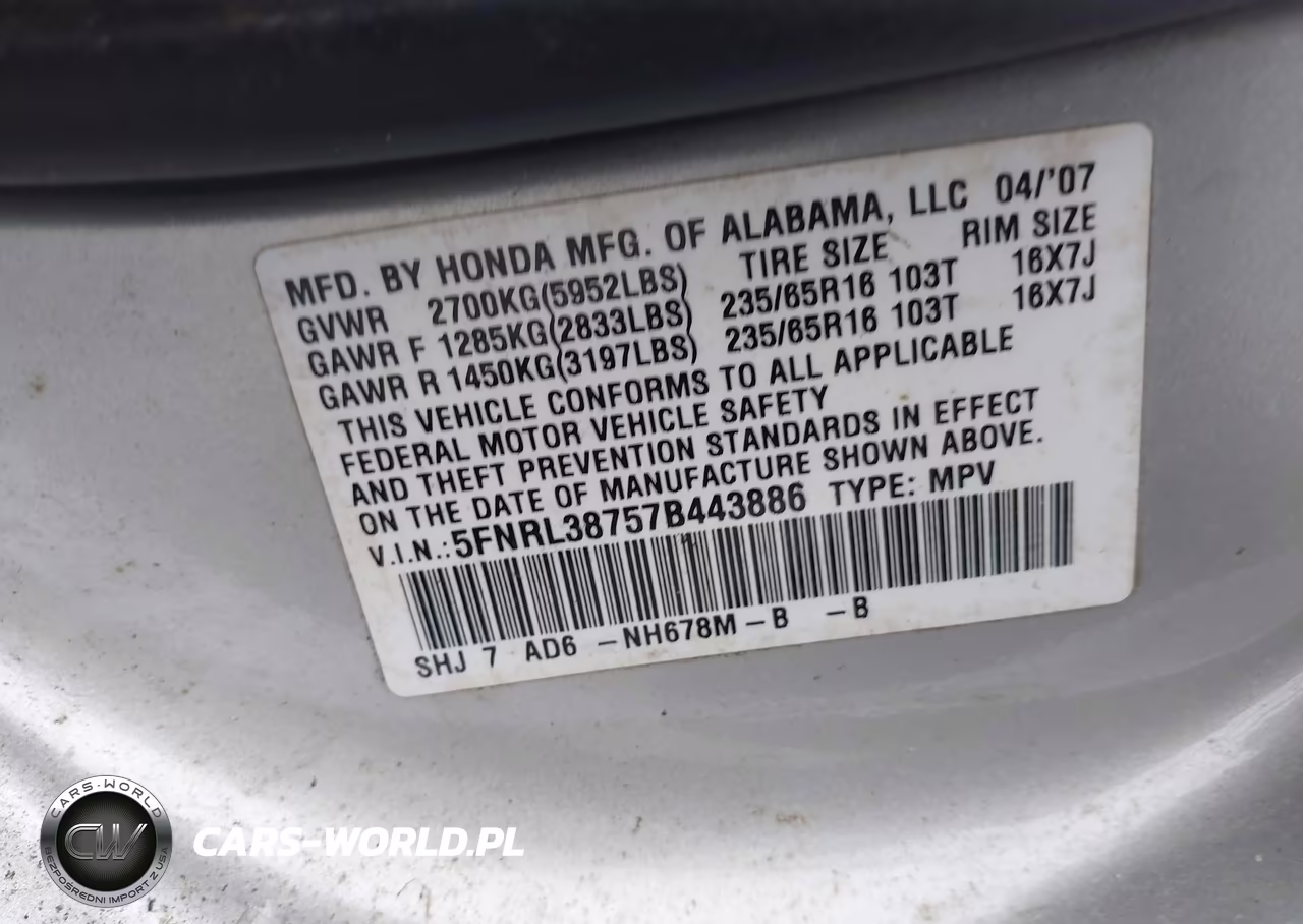 2007 Honda Odyssey Ex-L VIN:5FNRL38757B443886 - 9