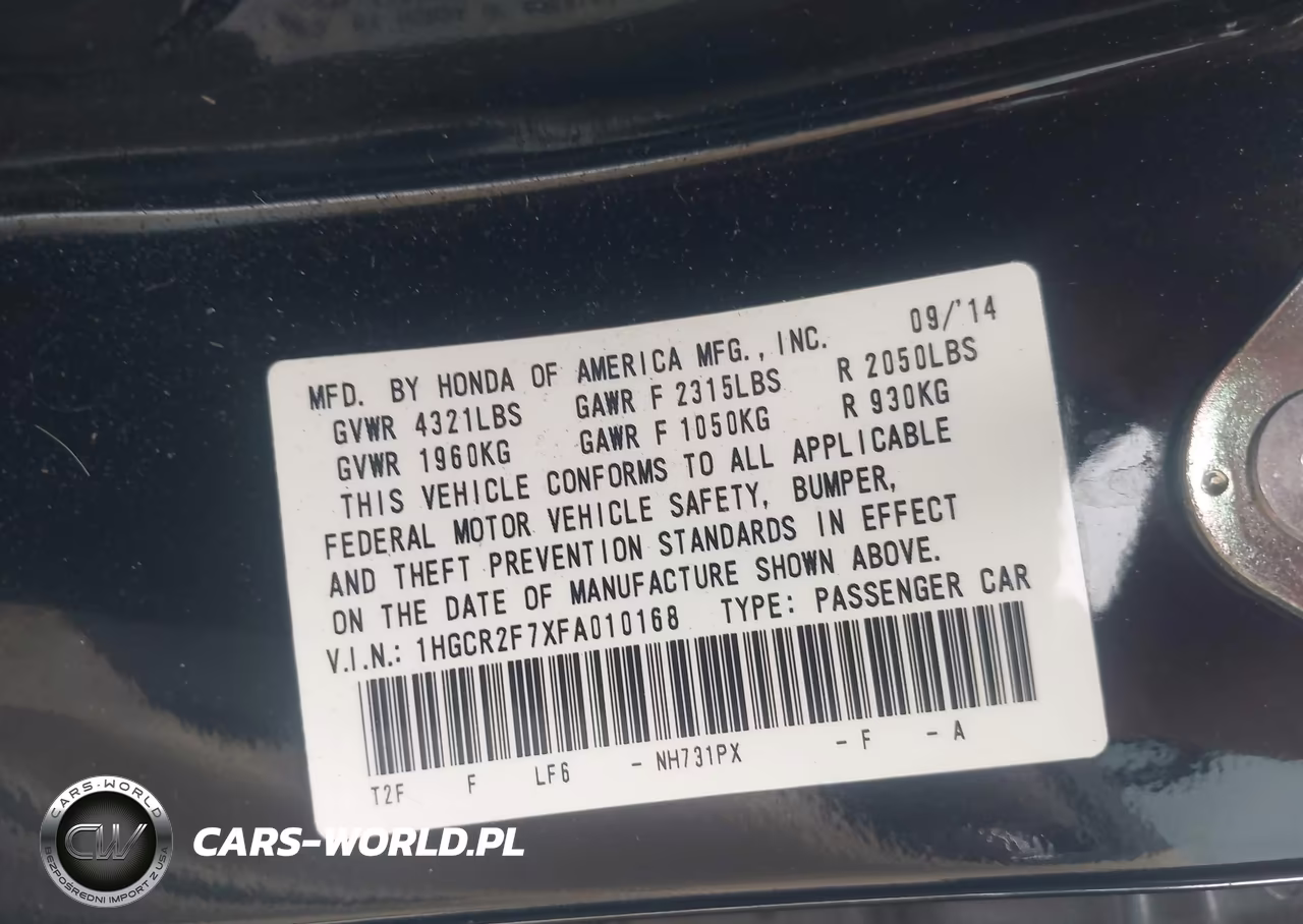 2015 Honda Accord Ex VIN:1HGCR2F7XFA010168 - 9