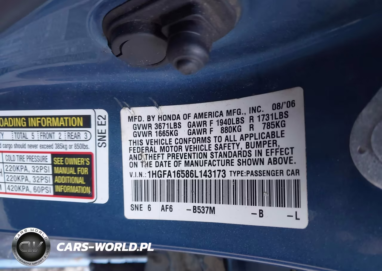 2006 Honda Civic Lx VIN:1HGFA16586L143173 - 9