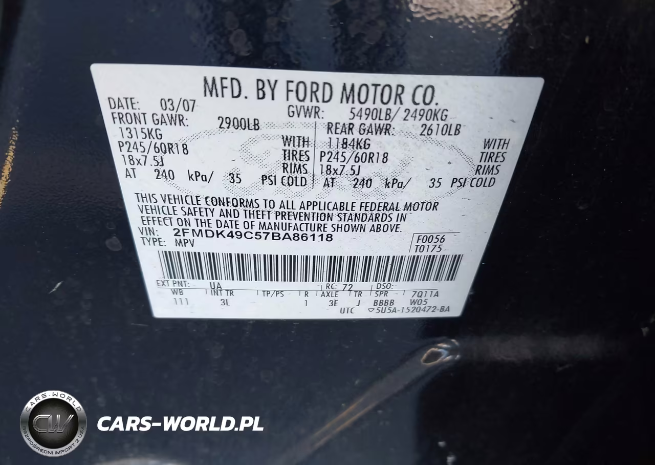 2007 Ford Edge Sel Plus VIN:2FMDK49C57BA86118 - 9