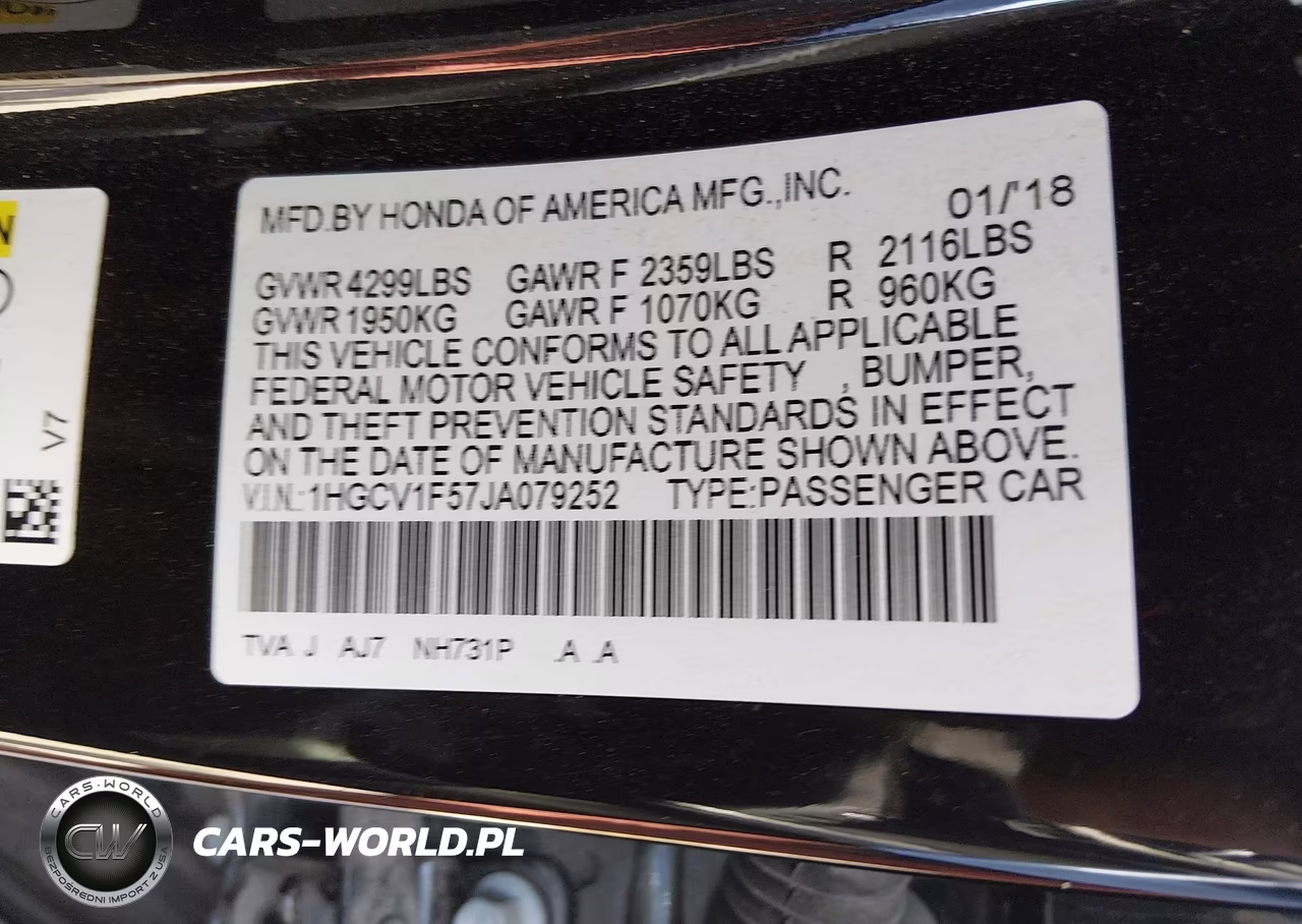 2018 Honda Accord Ex-L VIN:1HGCV1F57JA079252 - 9