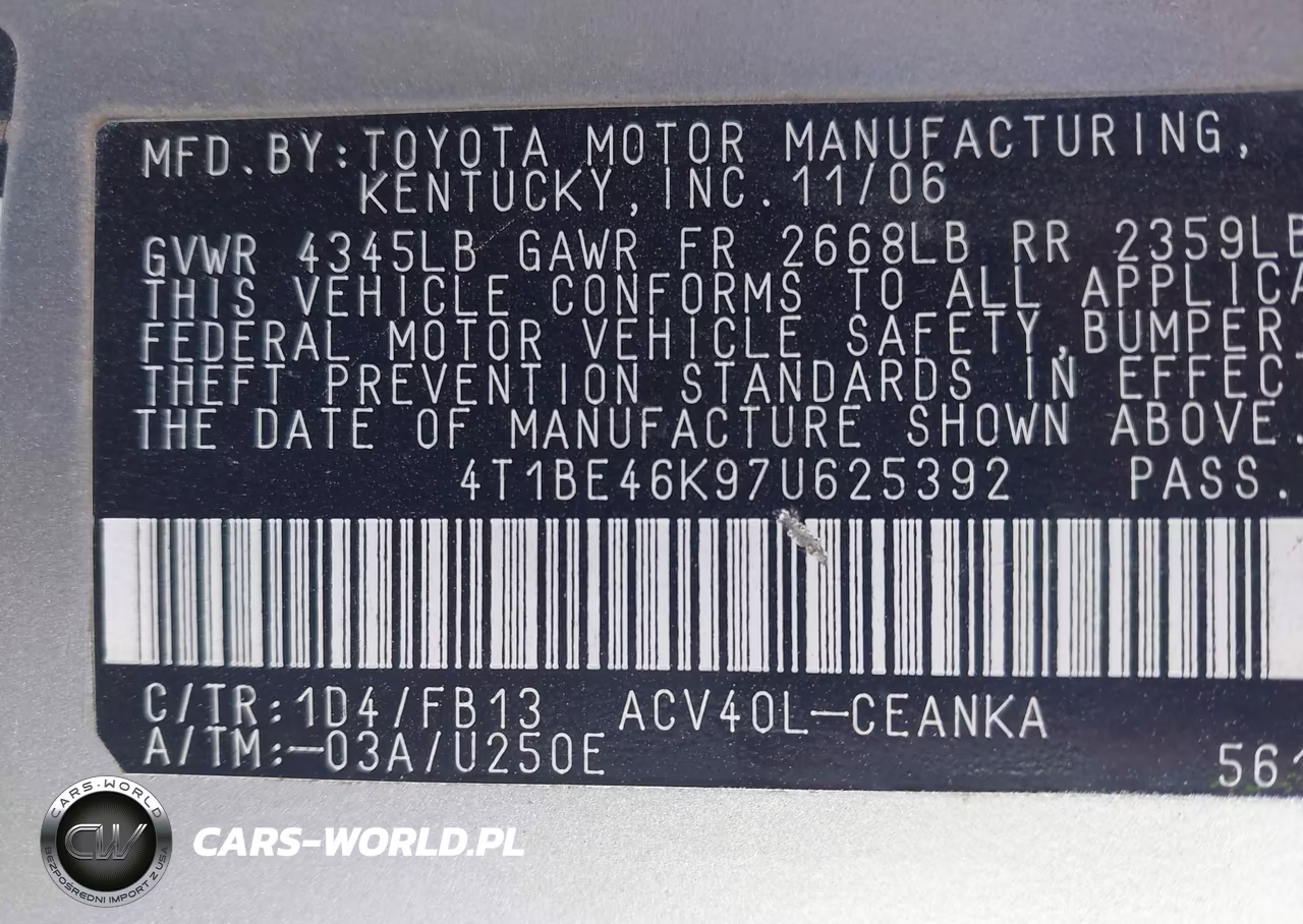 2007 Toyota Camry Ce VIN:4T1BE46K97U625392 - 9
