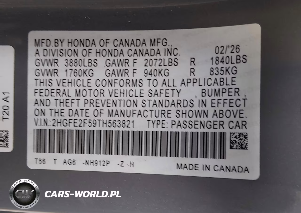 2026 Honda Civic Sport VIN:2HGFE2F59TH563821 - 9