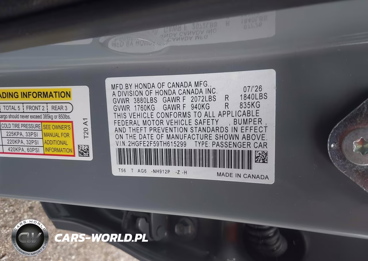 2026 Honda Civic Sport VIN:2HGFE2F59TH615299 - 9