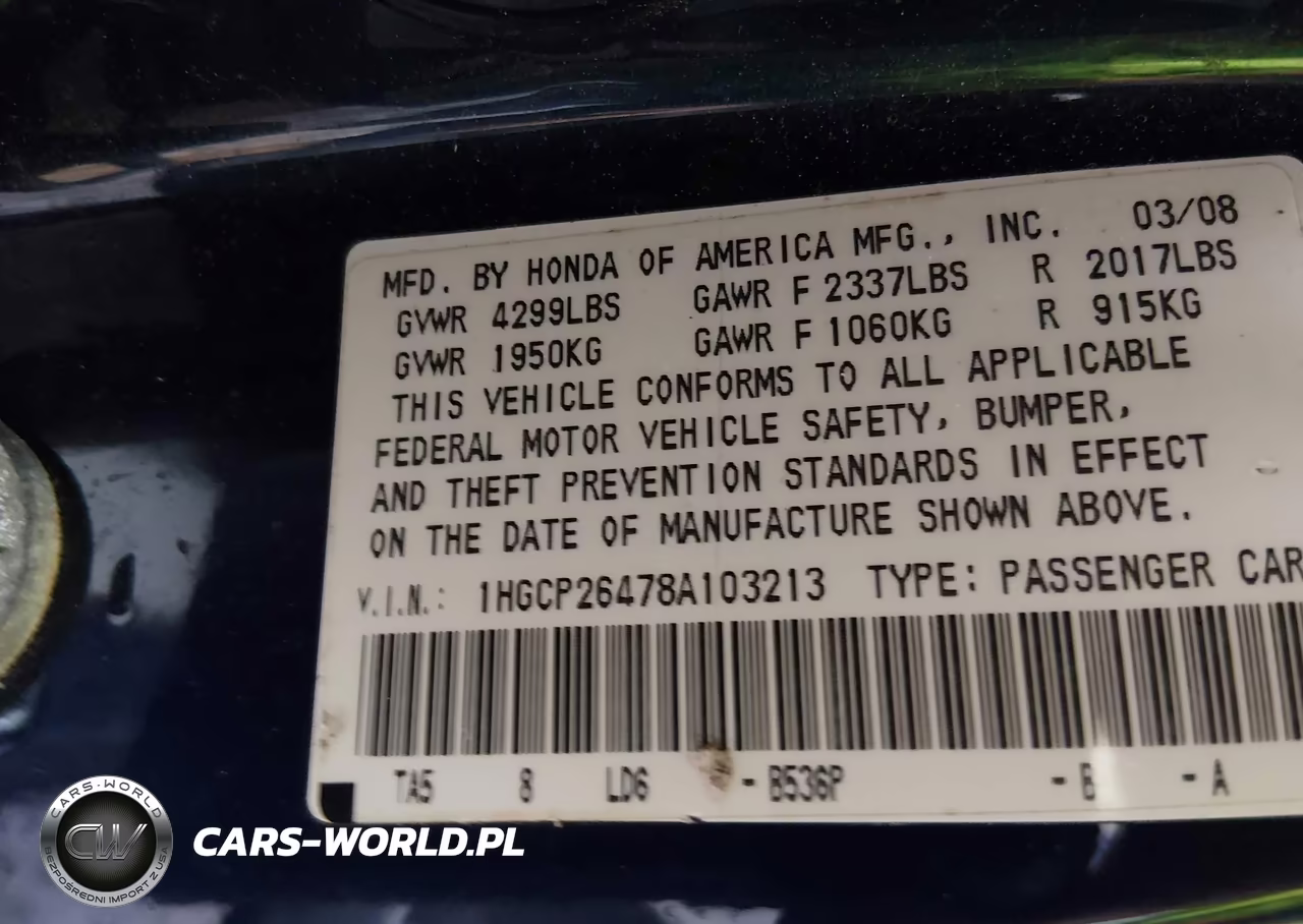 2008 Honda Accord 2.4 Lx-P VIN:1HGCP26478A103213 - 9