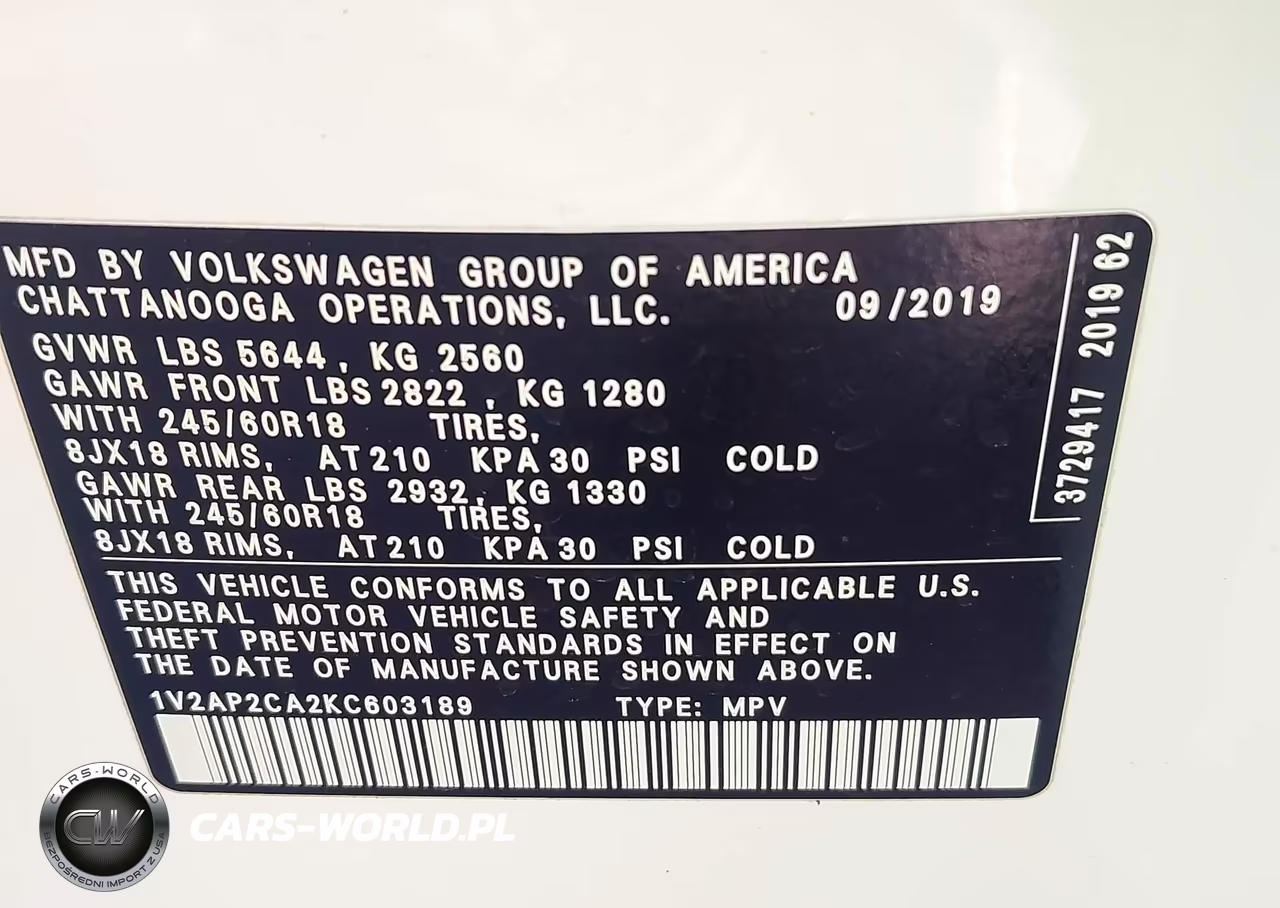 2019 Volkswagen Atlas 2.0T S VIN:1V2AP2CA2KC603189 - 9