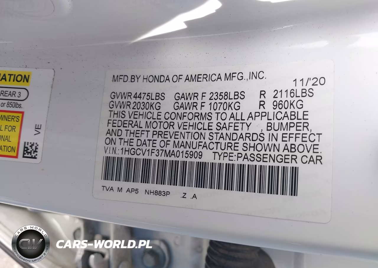 2021 Honda Accord Sport VIN:1HGCV1F37MA015909 - 9