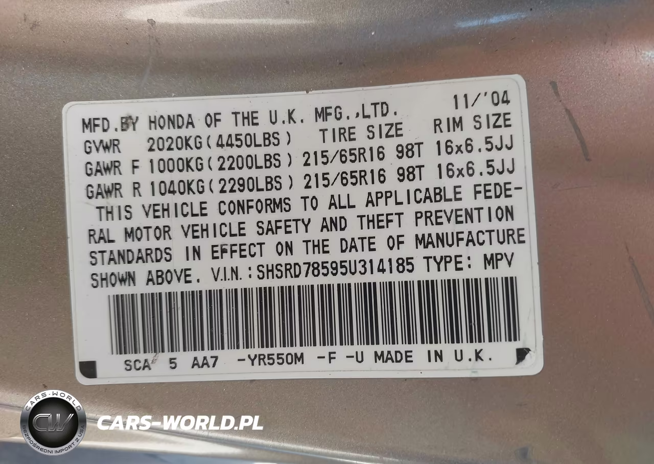 2005 Honda Cr-V Lx VIN:SHSRD78595U314185 - 9