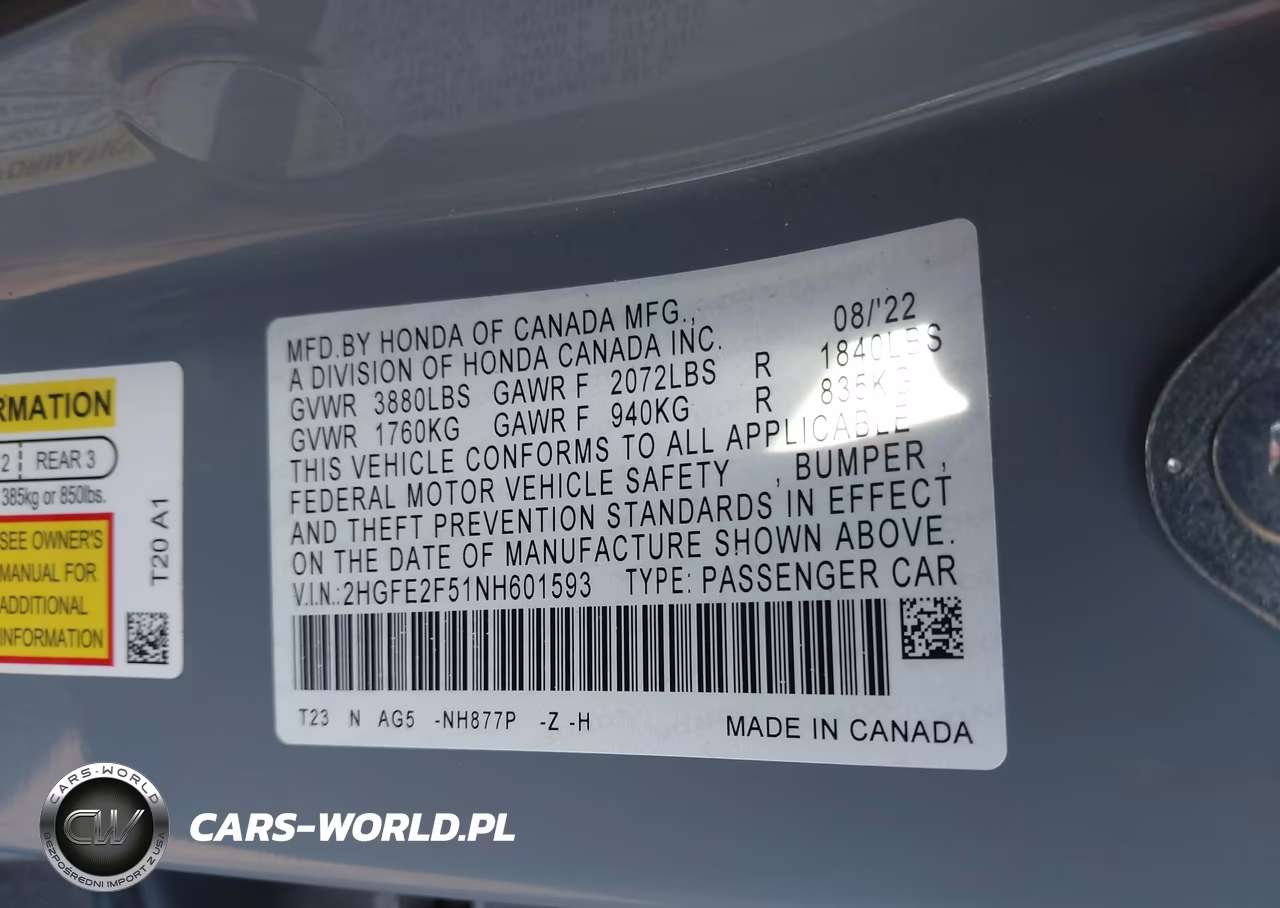 2022 Honda Civic Sport VIN:2HGFE2F51NH601593 - 9