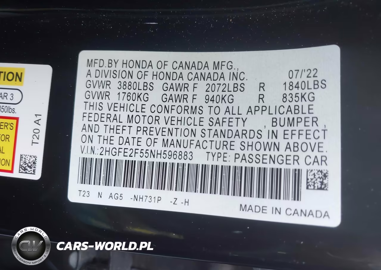 2022 Honda Civic Sport VIN:2HGFE2F55NH596883 - 9