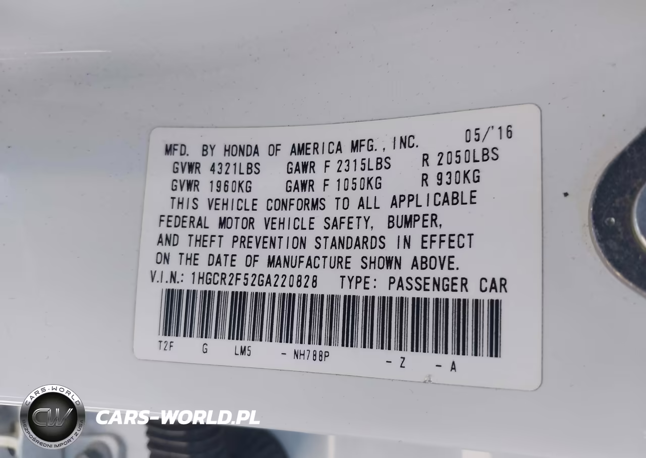 2016 Honda Accord Sport VIN:1HGCR2F52GA220828 - 9
